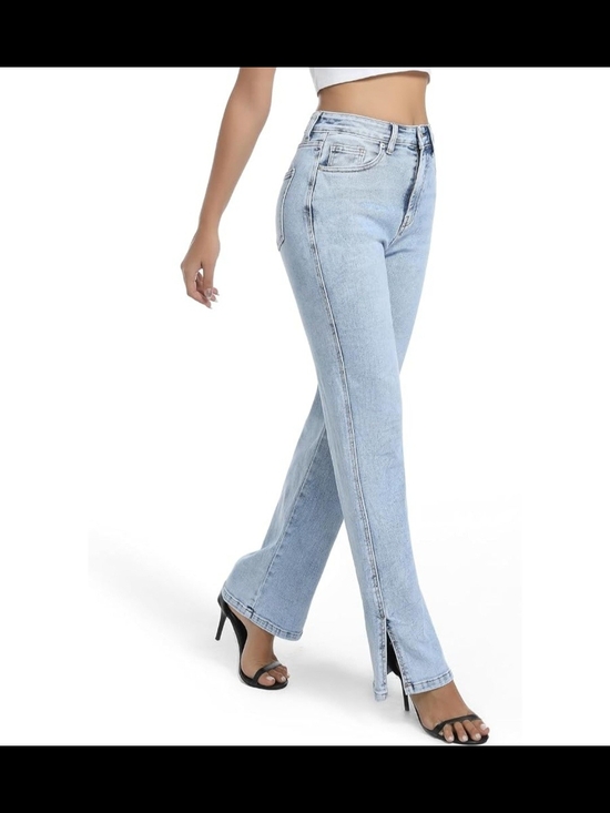 Denim - Light Wash High-Rise Straight Jeans with Front Slit